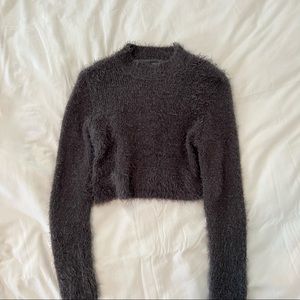 Cropped fuzzy grey mock neck